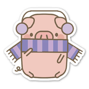 A cute, cartoon pig wearing a scarf and earmuffs.