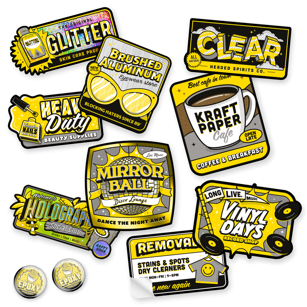Various sample stickers showcasing different materials and designs, including glitter, brushed aluminum, kraft paper, and holographic styles.