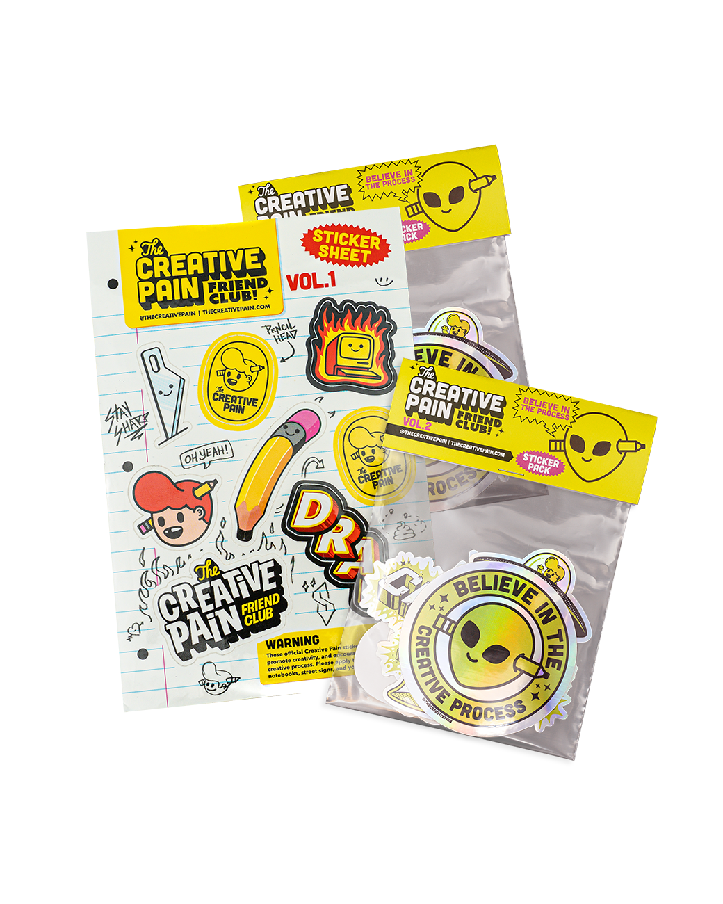 A collection of a colorful sticker sheet and sticker packs with creative designs.