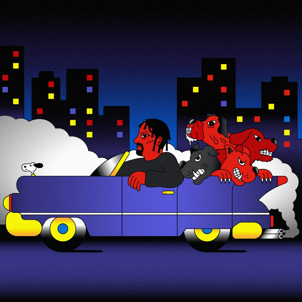 Cartoon of Snood Dogg driving a blue car with four red, snarling dogs in the backseat, created by StickerApp's Artist of the Month Jeune Woof.