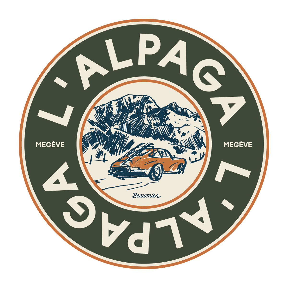 Vintage-style illustration of a car driving through mountains, surrounded by the text "L'Alpaga Megève Beaumen."