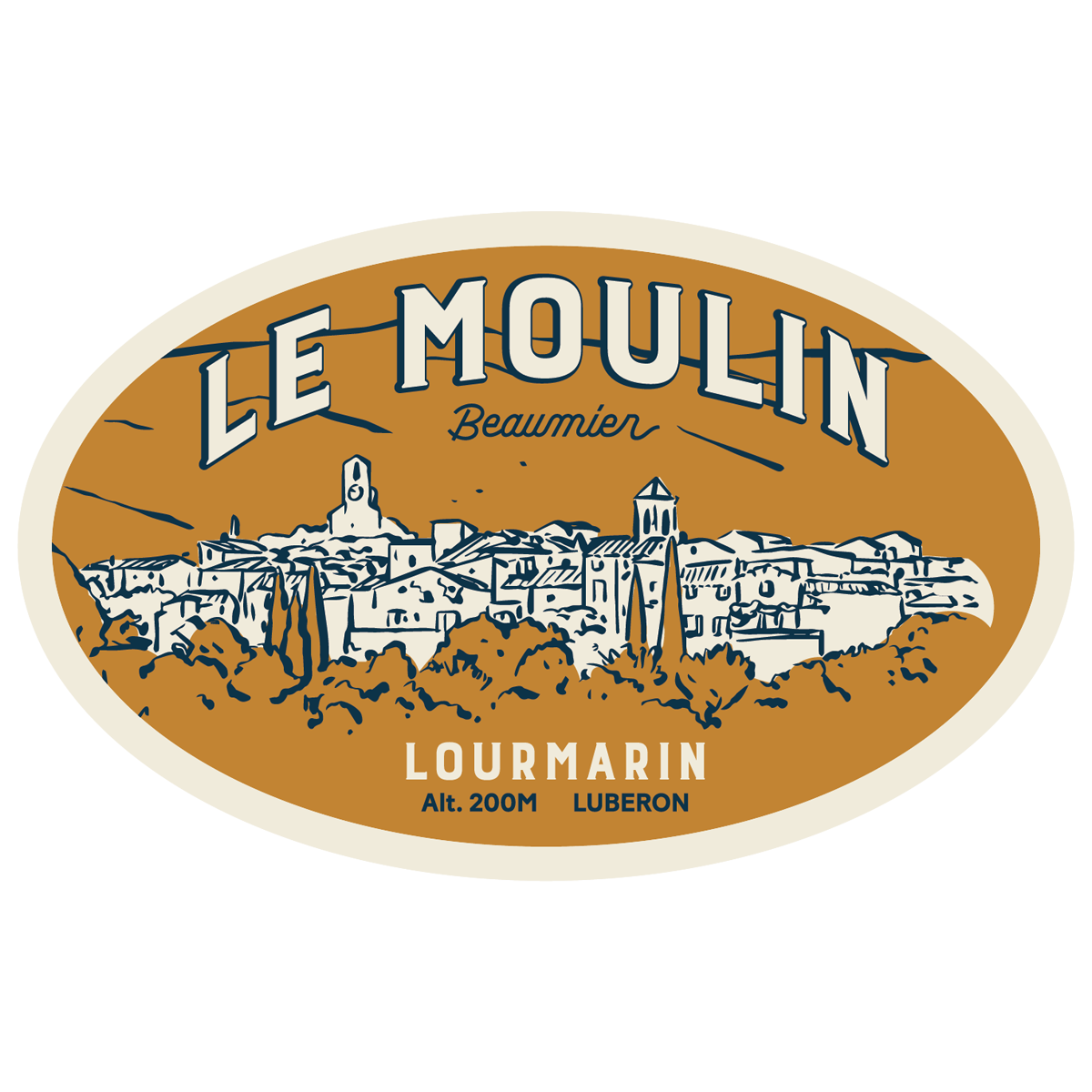 Illustration of Lourmarin village with "Le Moulin Beaumier" text, showing buildings and trees in an oval frame. Altitude 200m, Luberon.