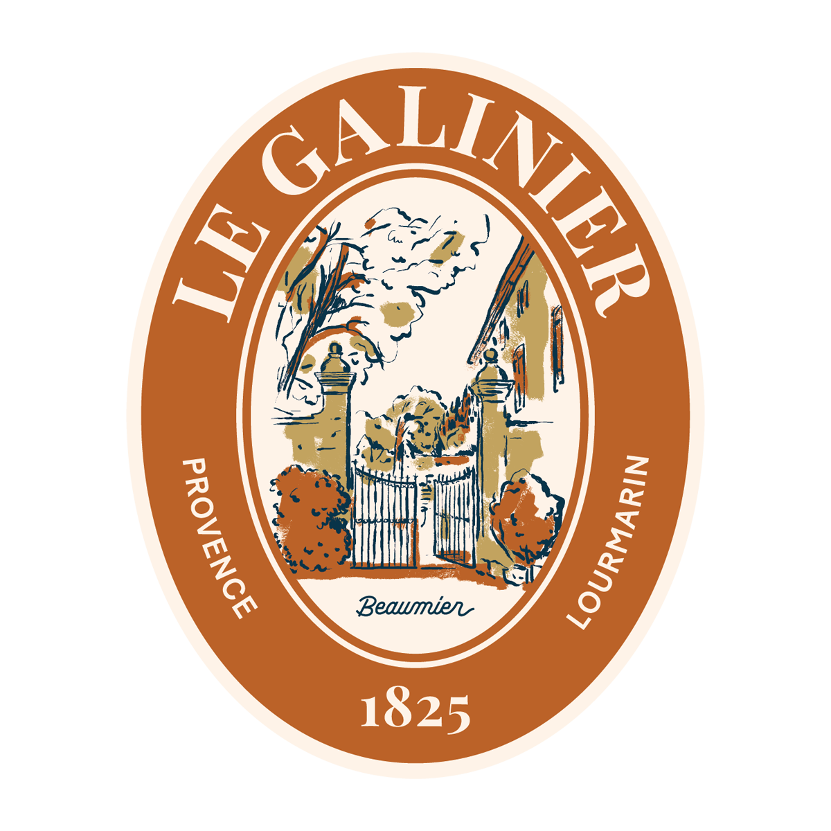 Vintage-style emblem for "Le Galinier" featuring an illustration of a gate and trees, with "Provence," "Lourmarin," and "1825" text.
