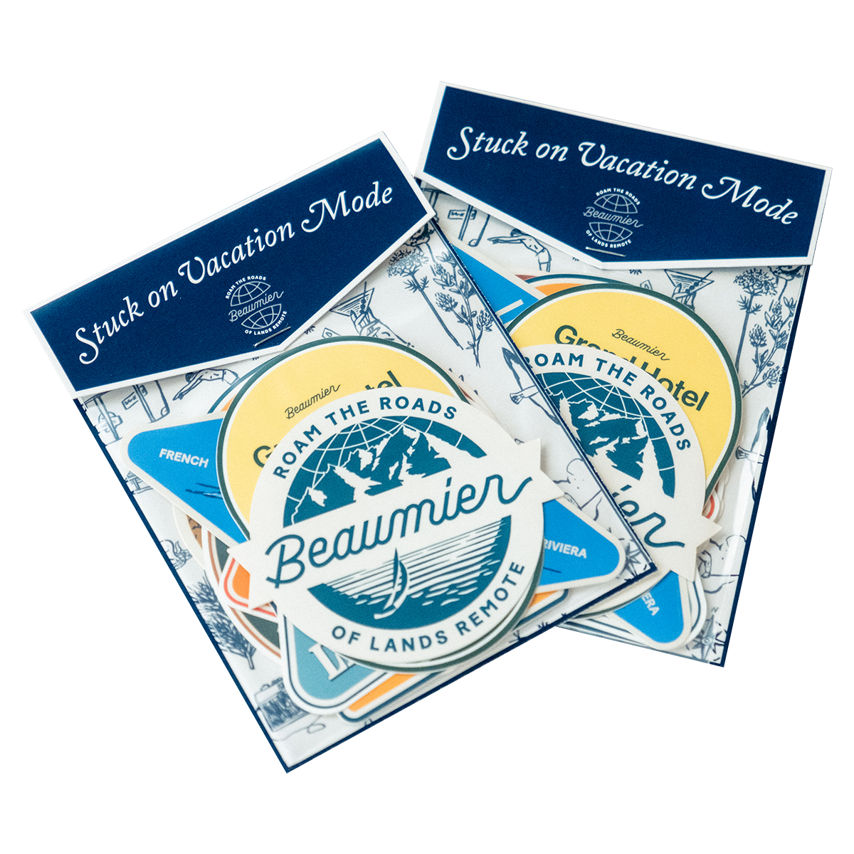 Two packets of travel-themed stickers with phrases like "Roam the Roads" and "Stuck on Vacation Mode," featuring scenic designs.