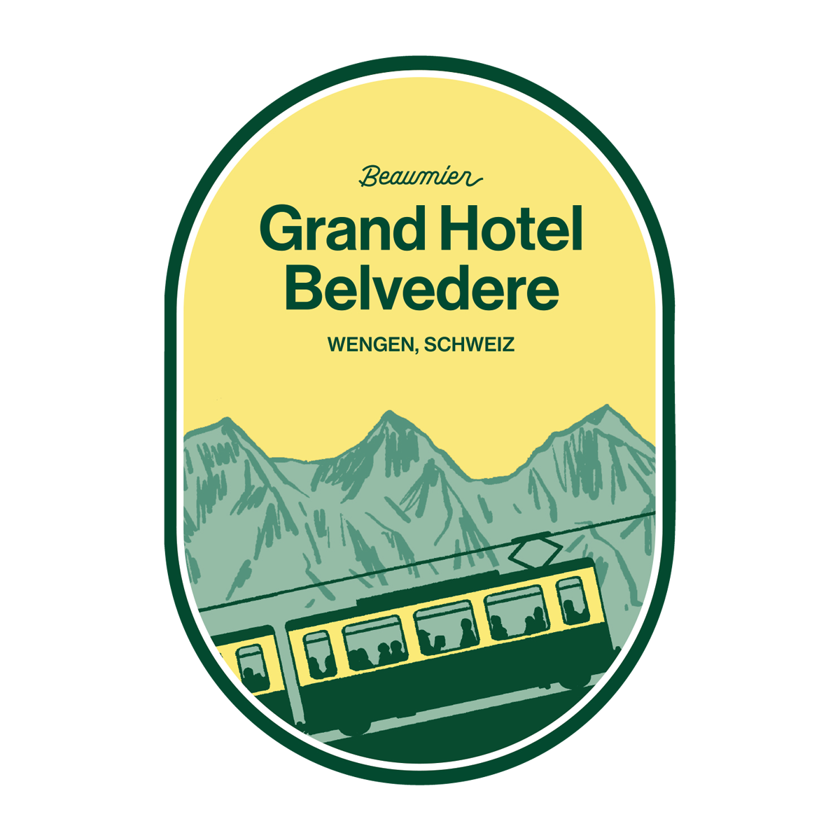 Illustrated poster of Grand Hotel Belvedere, Wengen, Schweiz, featuring mountains and a green train in a yellow oval frame.