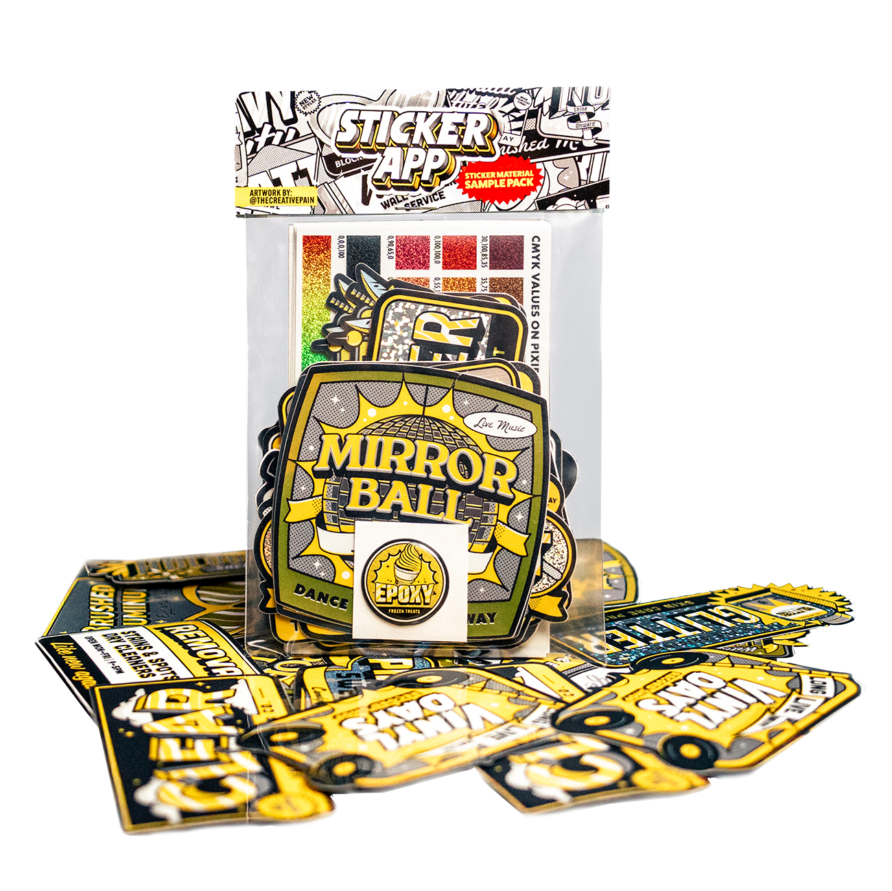 StickerApp Sample pack with retro-themed stickers with bold text and graphics.