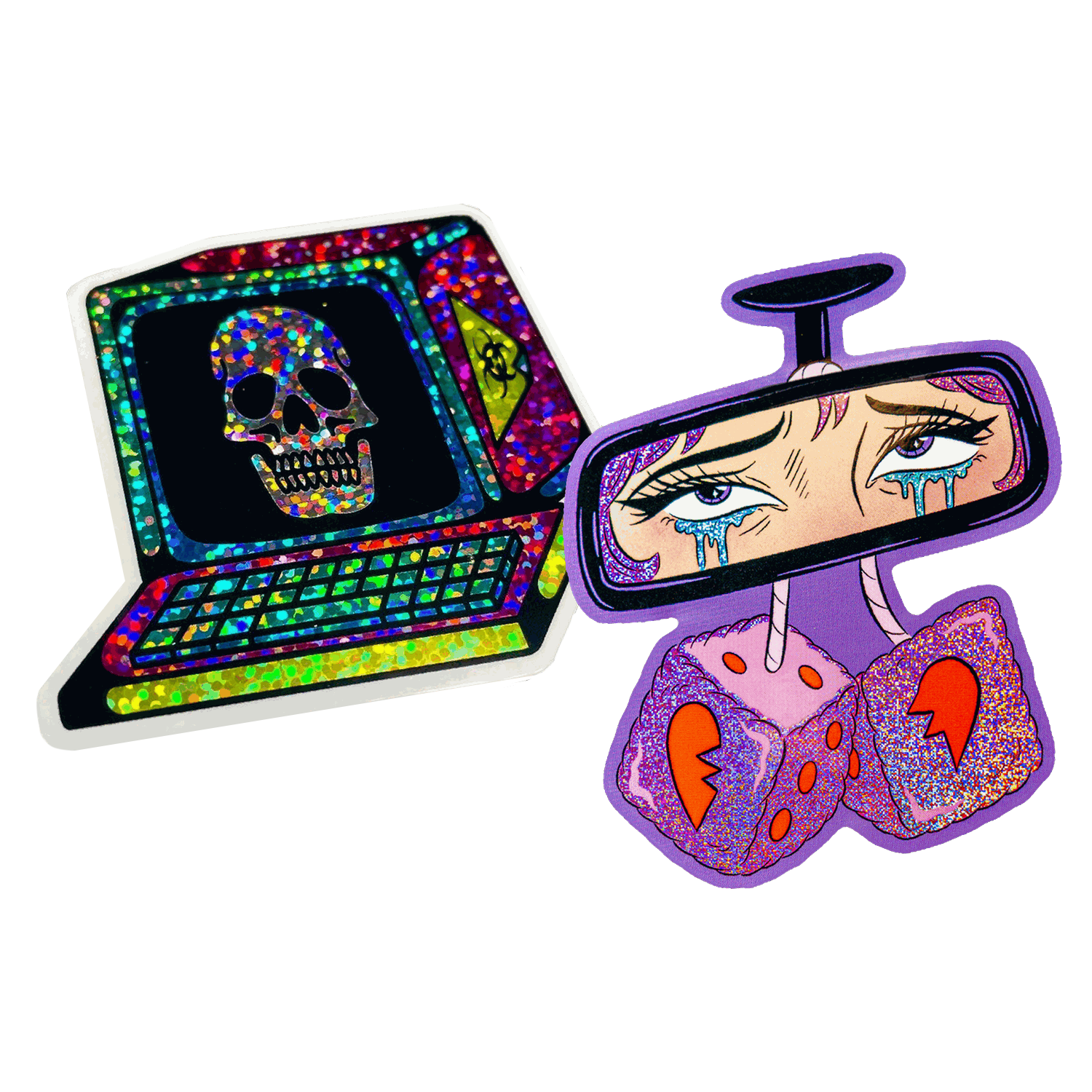 Glitter die-cut sticker of a retro computer with a skull on the screen, next to a Pixie Dust die-cut sticker of a rear-view mirror with teary eyes and fuzzy dice