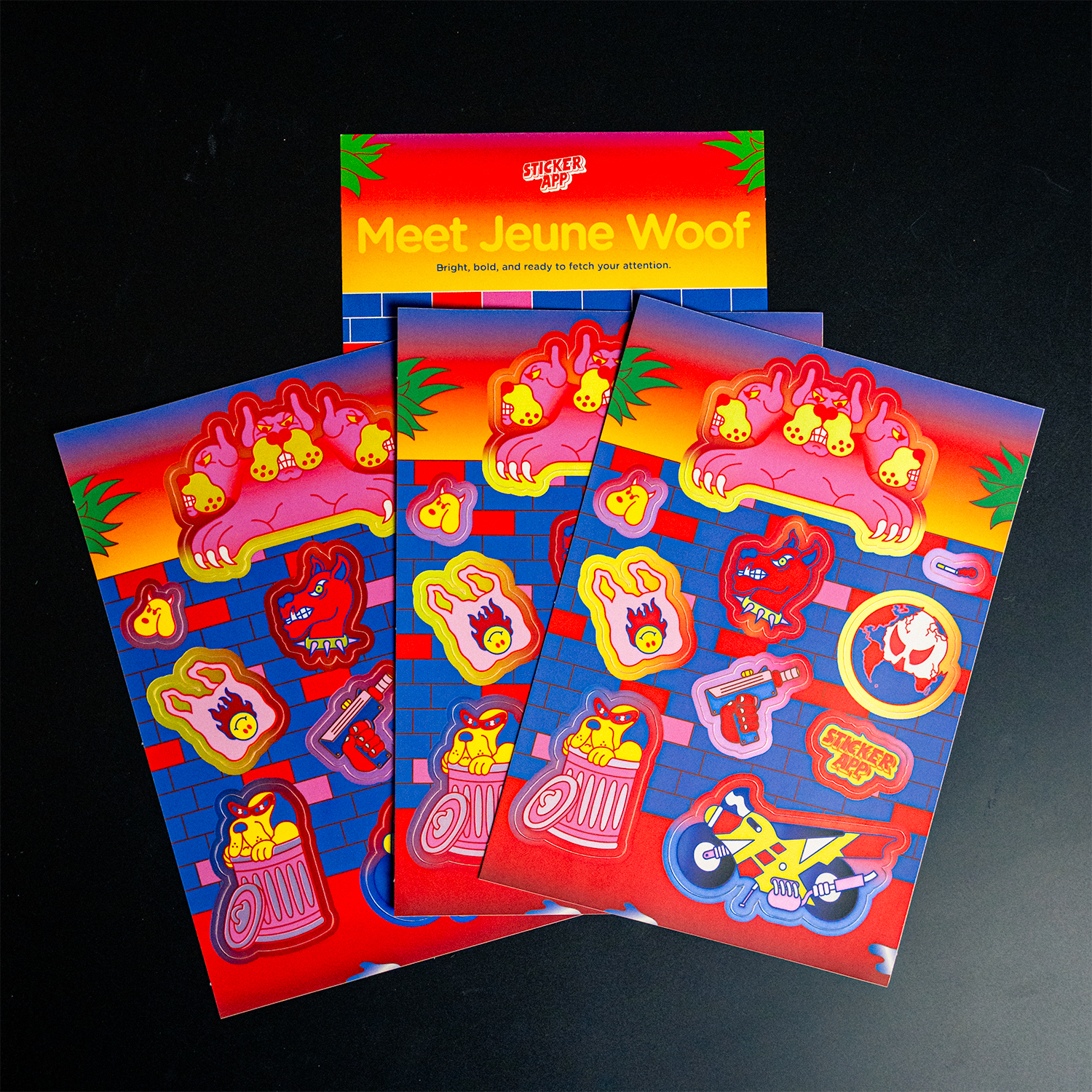 Colorful sticker sheets featuring cartoonish red and yellow creatures, with a header reading "Meet Jeune Woof."