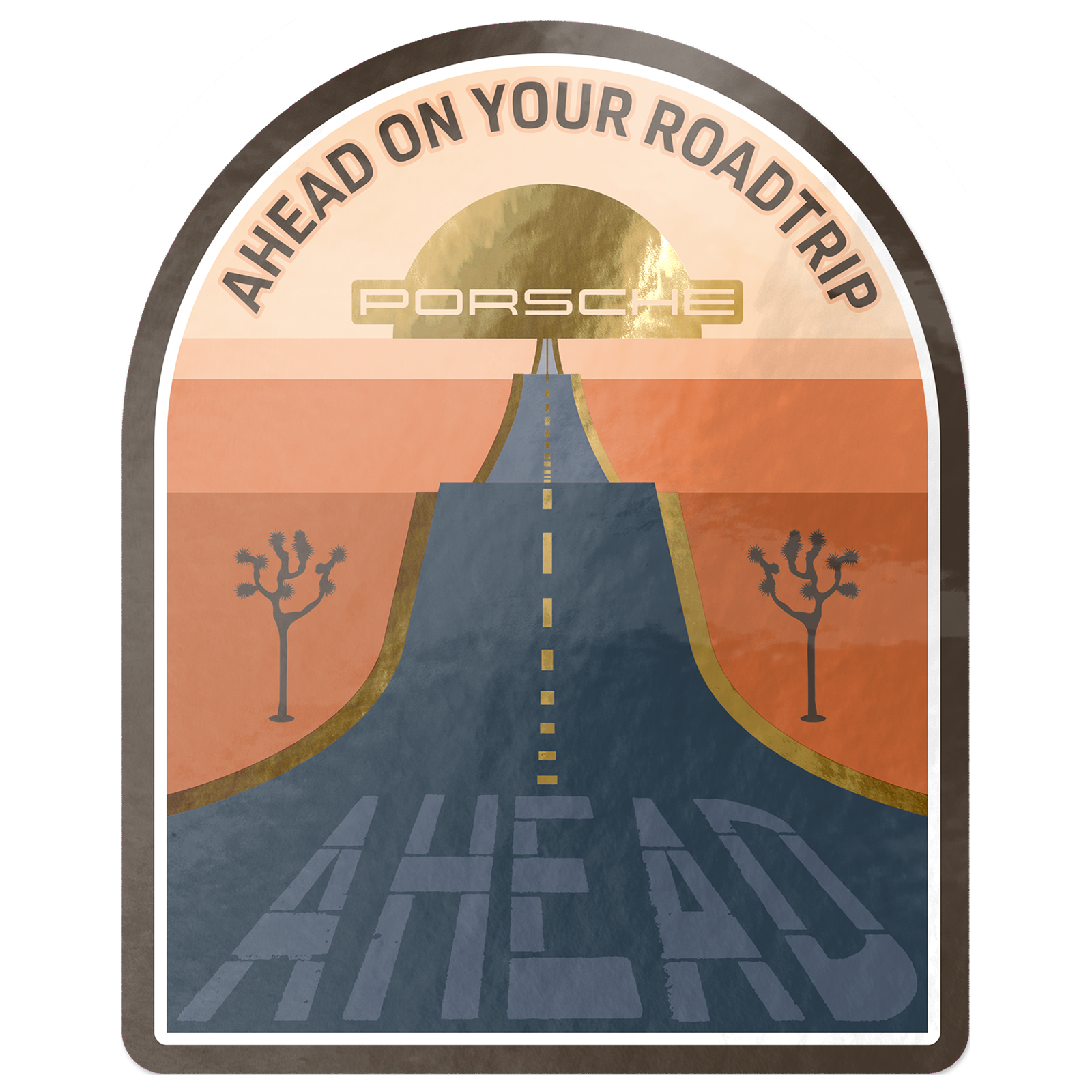 Glossy mirror sticker showing a road stretching into the horizon with a sunset, flanked by trees, and the words "Ahead on your road trip" and "Porsche" above.
