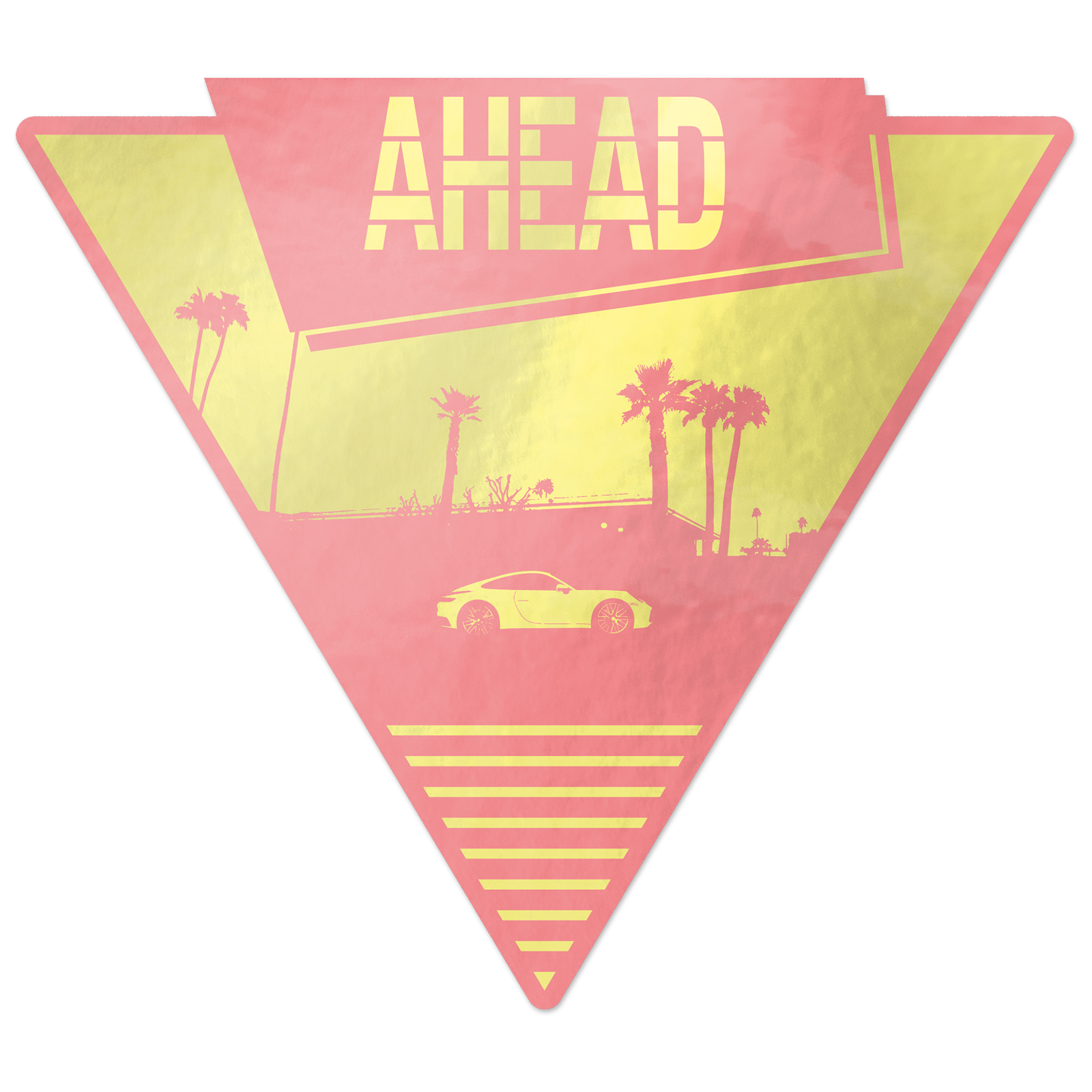 Triangular matte mirror sticker with "AHEAD" text, featuring a porsche car and palm trees in a retro style with pink and yellow hues.