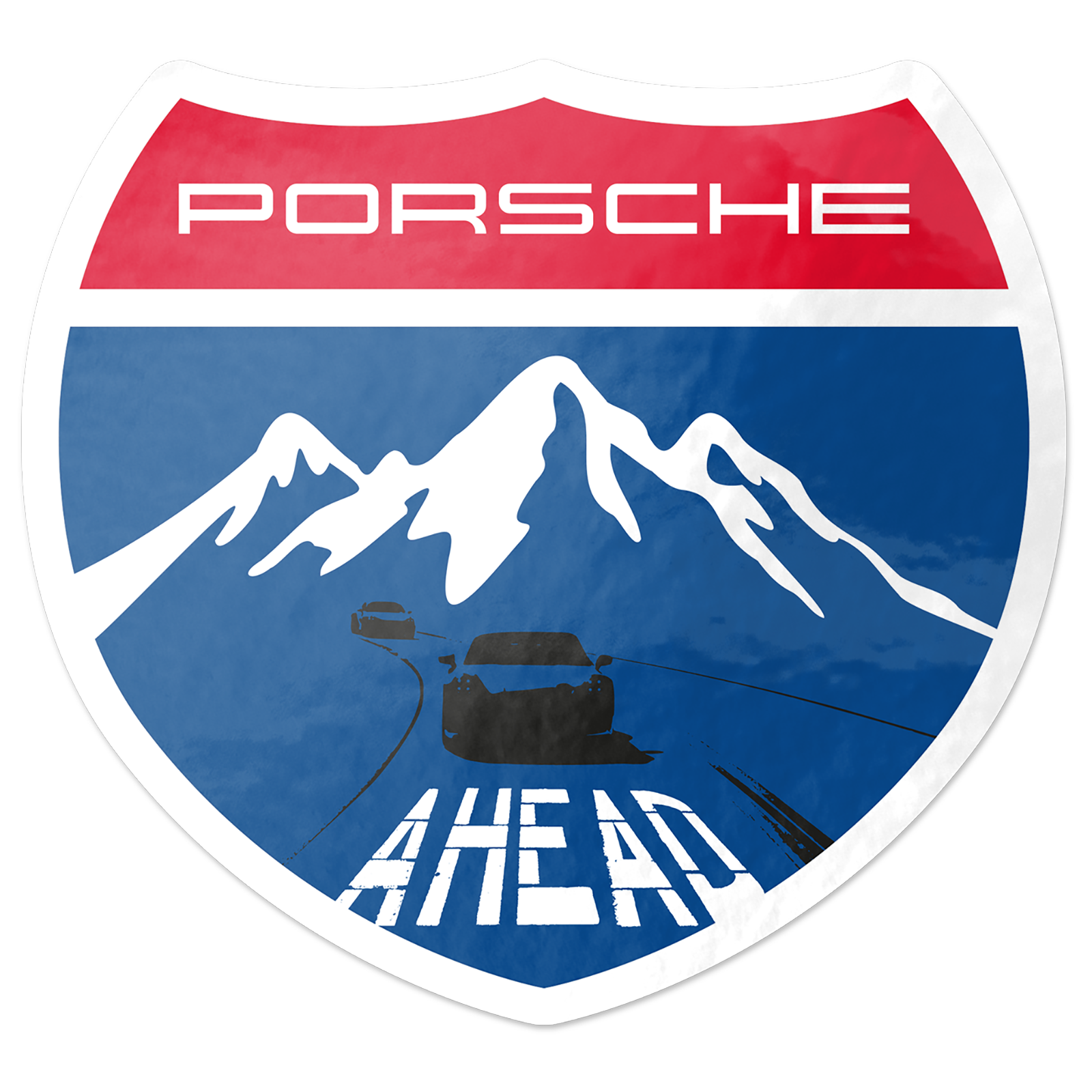 A vintage-style Porsche matte mirror sticker with mountains, a road, and cars, featuring the text "Porsche Ahead" in a red, white, and blue color scheme.