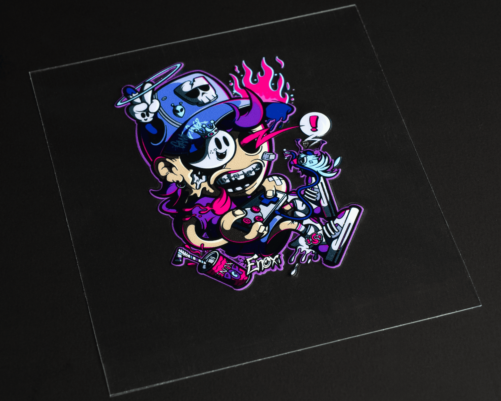 An uv dtf sticker of a cartoon character with a cap, sunglasses, and guitar, surrounded by flames and musical notes on a black background.