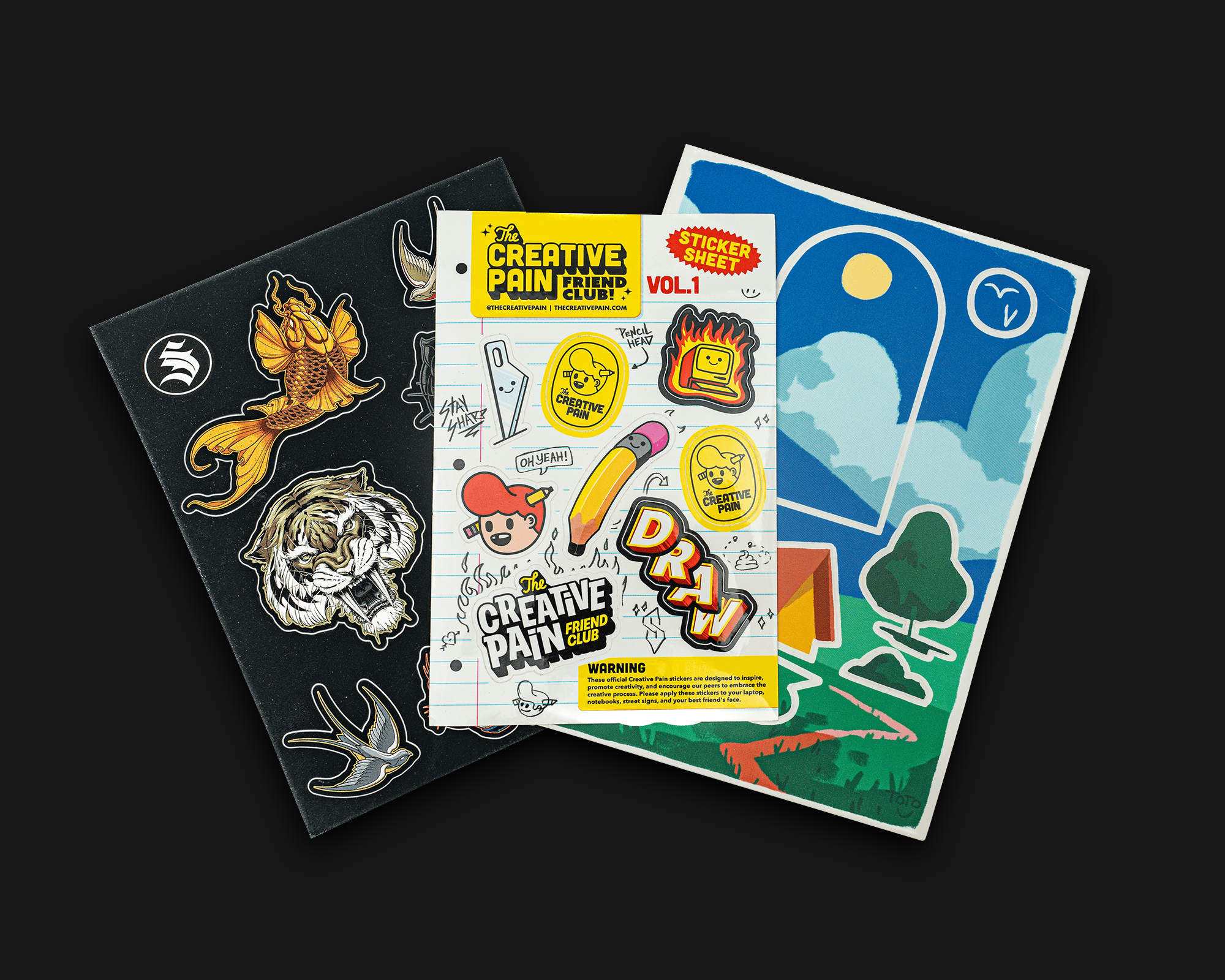Three sheets of colorful stickers with various designs, including animals, abstract shapes, and creative graphics, displayed on a black background.