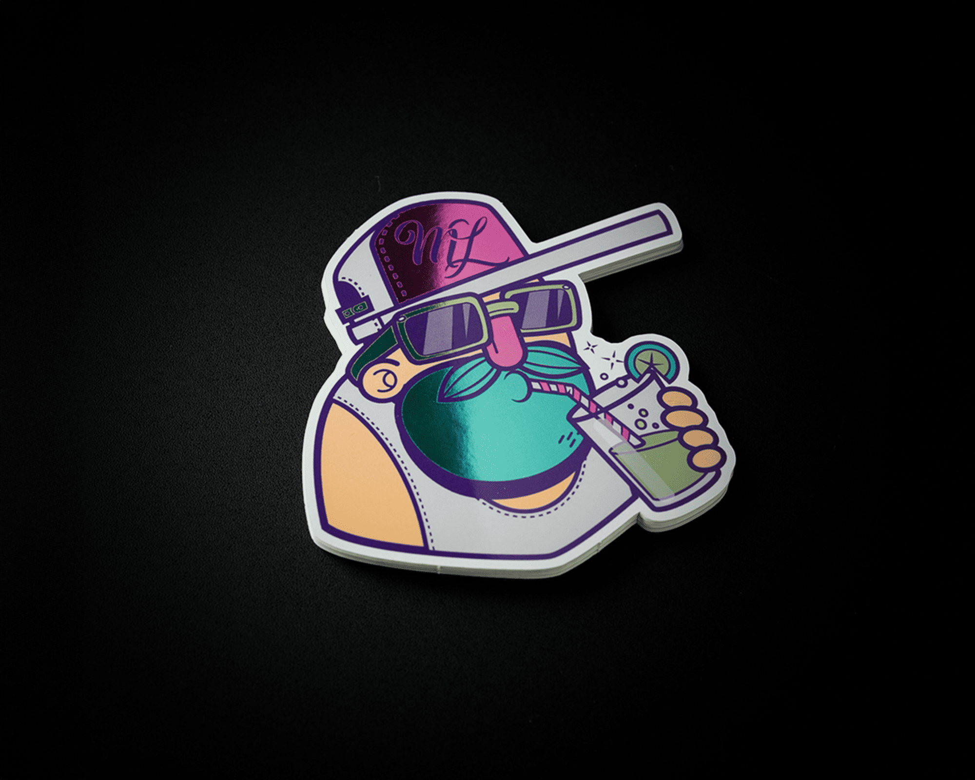 A mirror sticker of a cartoon character with sunglasses, a cap, and a mustache, sipping a drink through a straw on a black background.