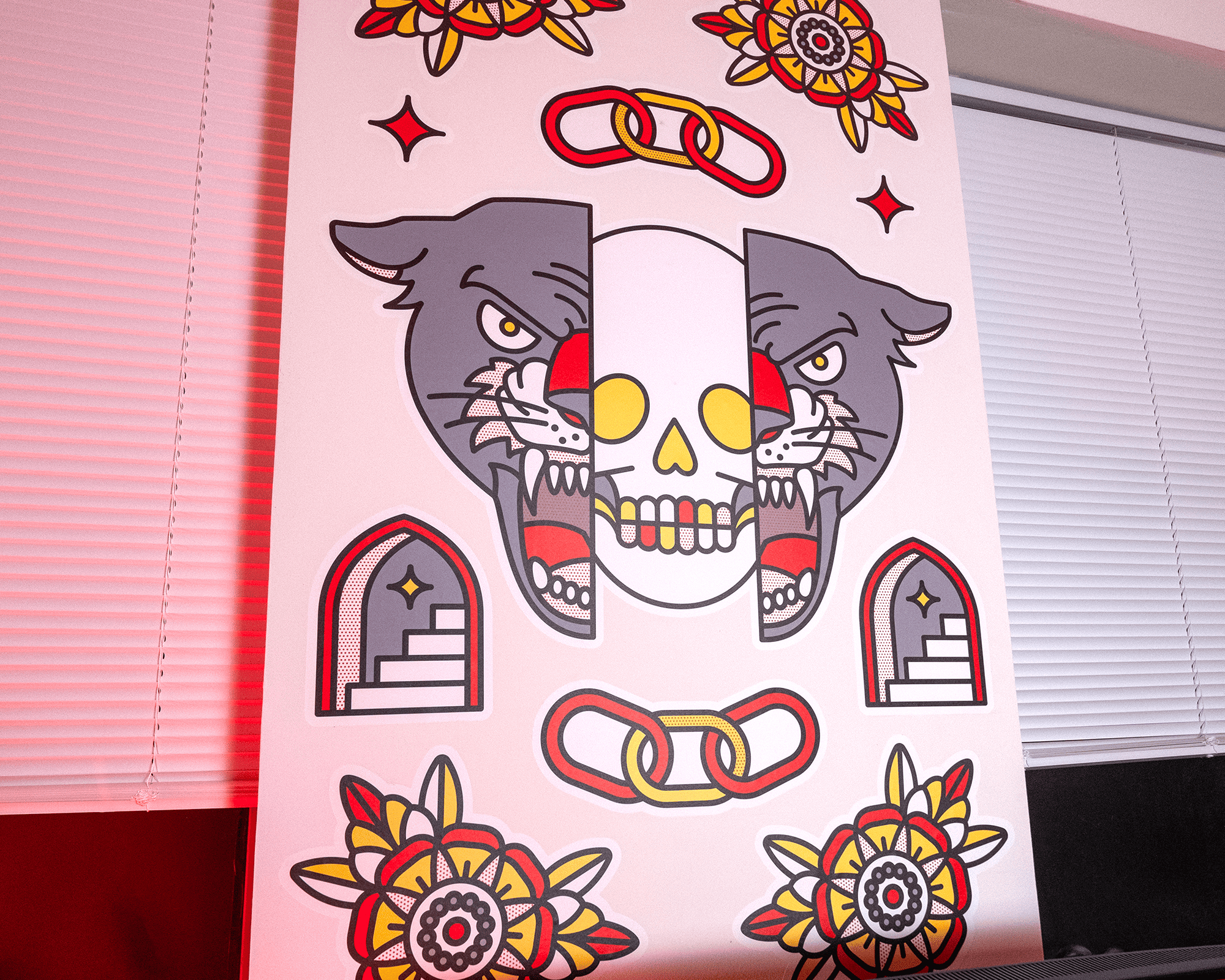 Wall stickers with a skull flanked by two fierce wolves, surrounded by floral patterns, arches, and chain links on a white background.