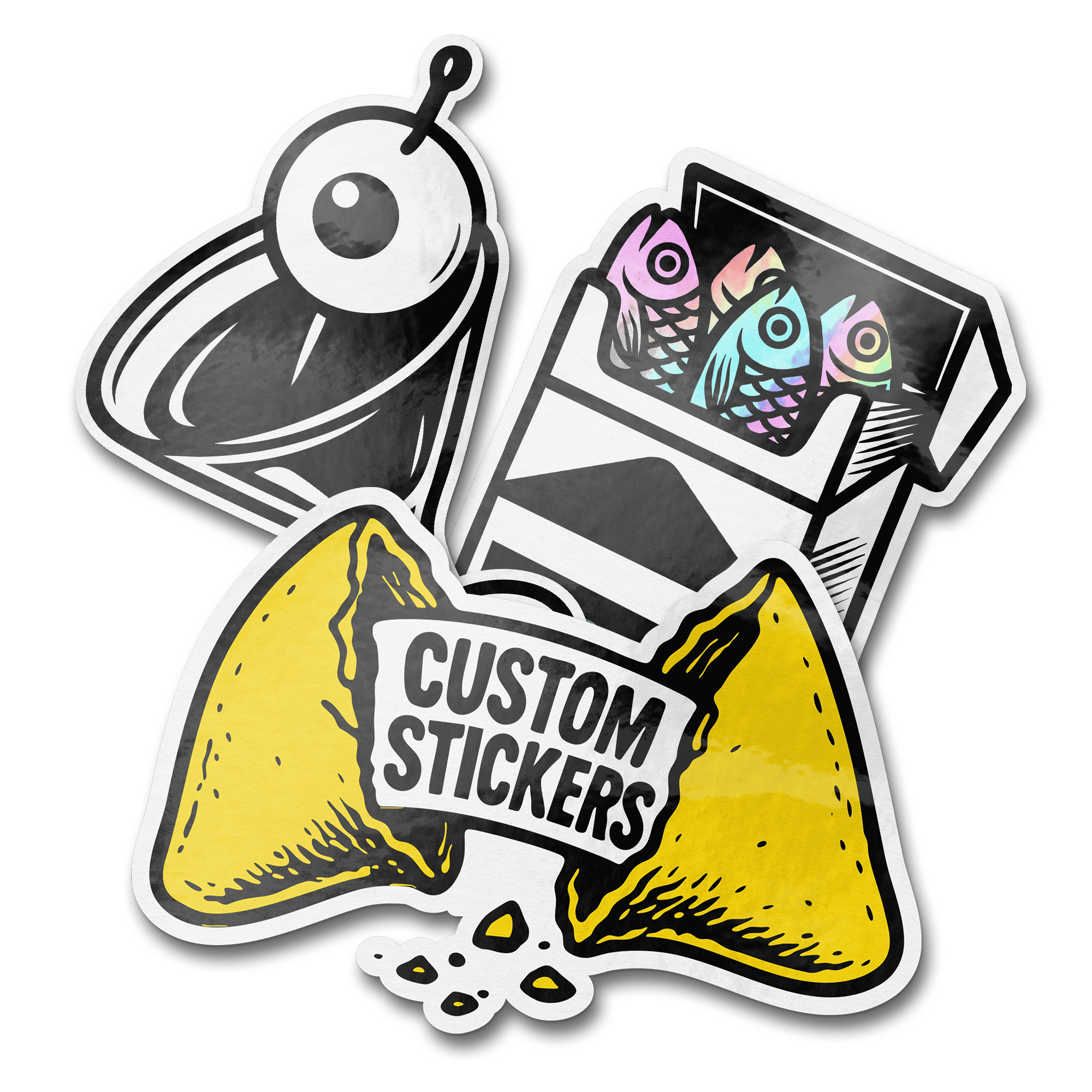 Stickers of a martini glass,  colorful fish in a cigarette box, and a broken fortune cookie with "Custom Stickers" text.