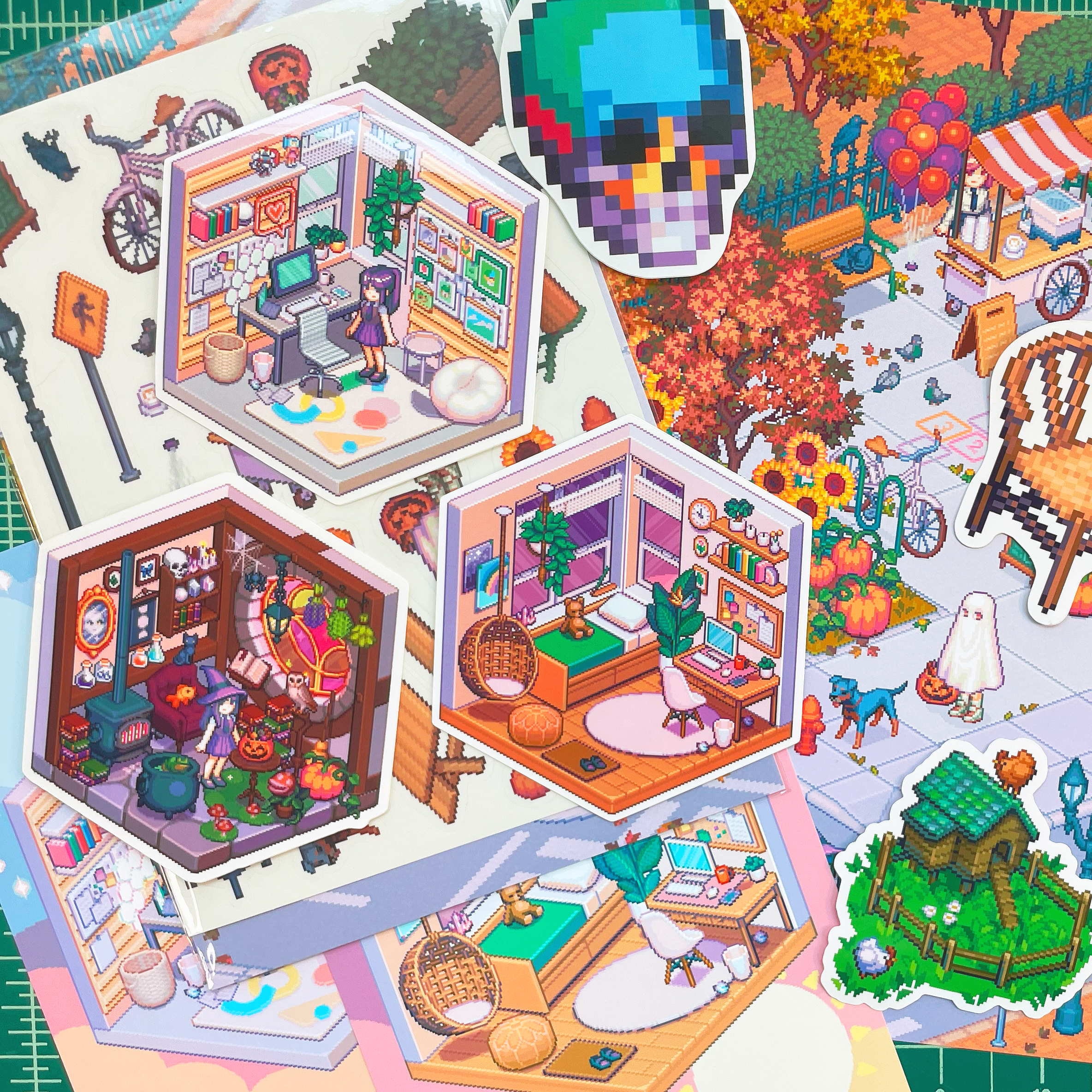 vinyl die cut pixel art stickers laying on cutting board