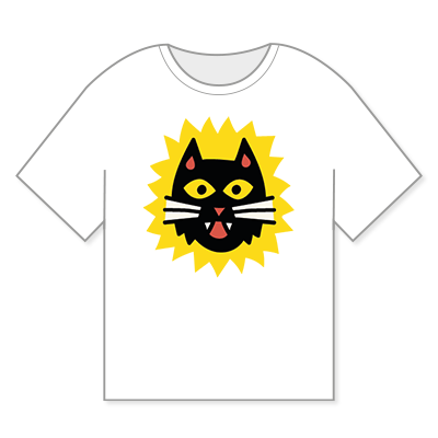 White T-shirt featuring a stylized black cat face with yellow eyes and a yellow sunburst background.