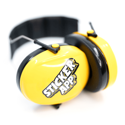 A yellow and black ear muffs with StickerApp logo sticker