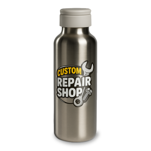 Silver stainless steel water bottle with a "Custom Repair Shop" transfer logo sticker featuring a wrench and gear design.