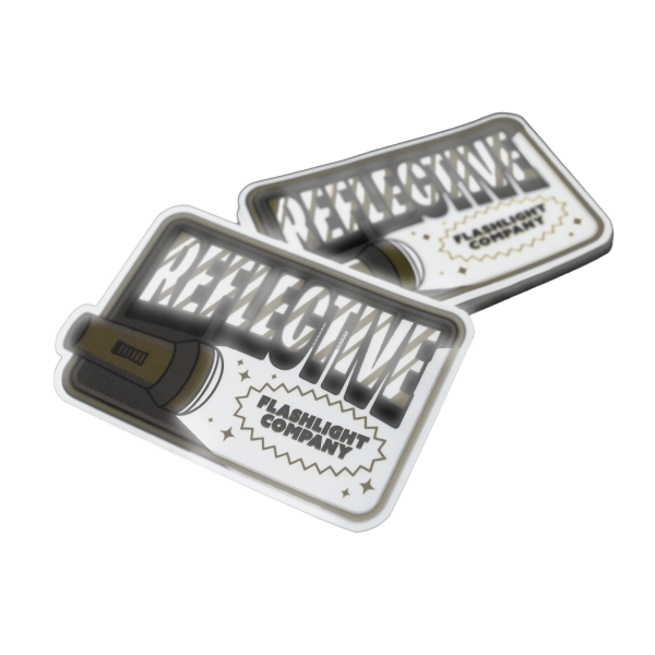 Reflective stickers featuring a torch design with bold text and a 'Flashlight Company' label.
