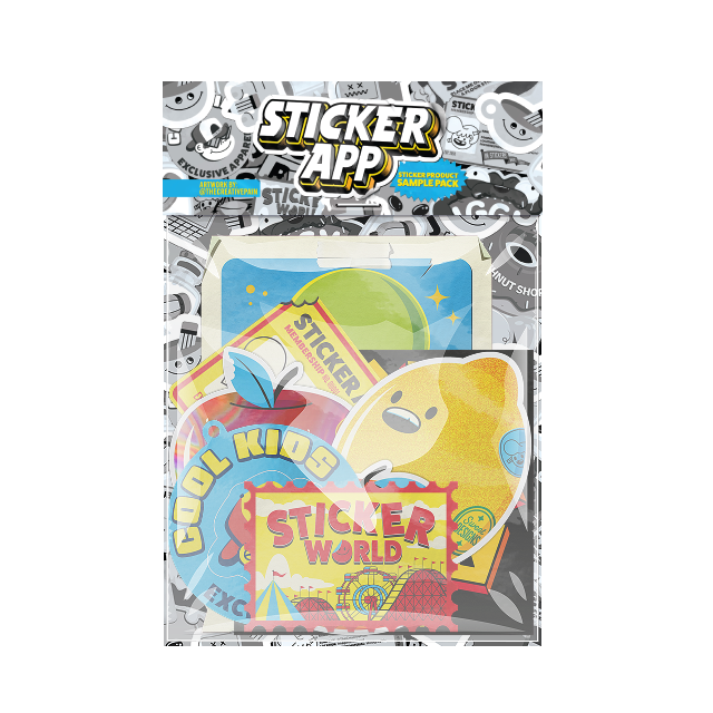 Sticker Product sample in a clear package labeled "Sticker App," featuring various playful designs and characters.