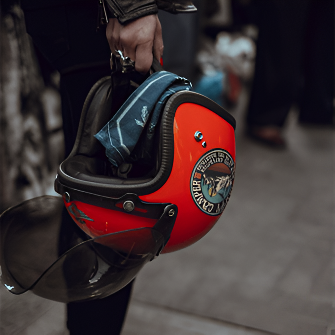 A close up of a person holding a motorcycle helmet with a custom sticker on.