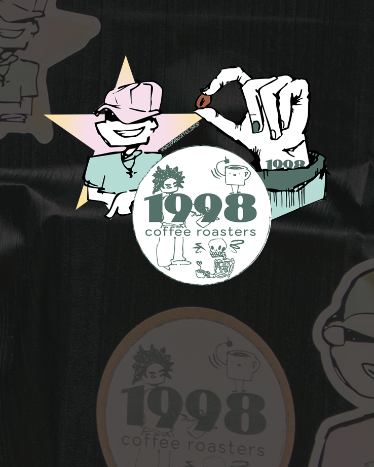 Illustrated logo for "1998 Coffee Roasters" featuring a hand holding a coffee bean, a smiling figure, and decorative elements.