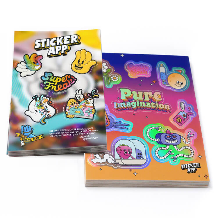Sticker sheets featuring colorful sticker designs with themes like 'Super Freak' and 'Pure Imagination.