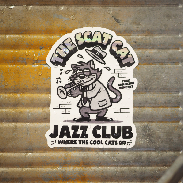 A weatherproof sticker of a cat playing a trumpet