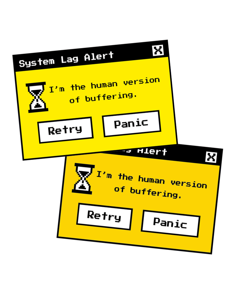 Pixelated pop-up windows with "System Lag Alert" and hourglass icons. CMYK vs RGB comparison