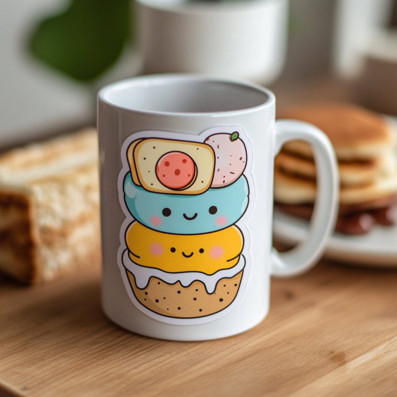 A coffee mug with a waterproof custom sticker of a donut on it.