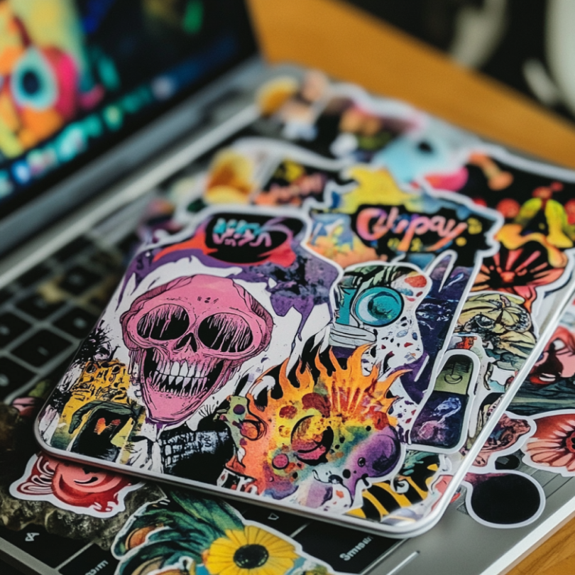A laptop with a bunch of stickers on it